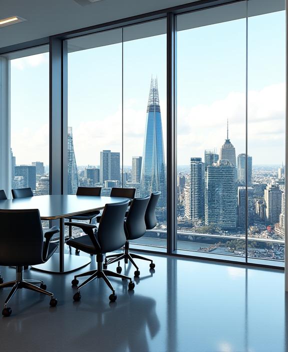 A sophisticated, modern office meeting room with a view of the London cityscape.